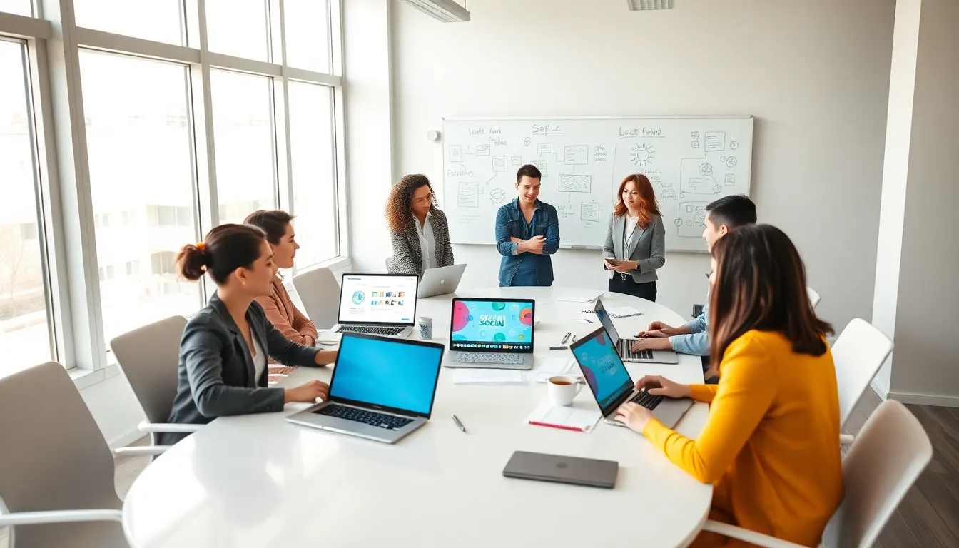 Diverse professionals collaborating in a modern office for social media projects.