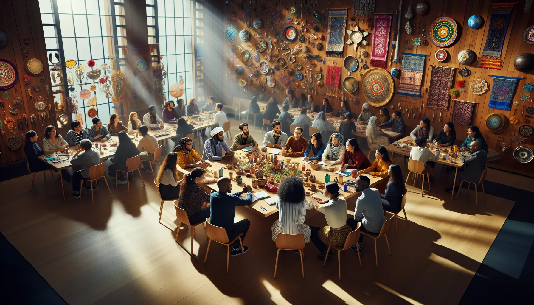 diverse group discussing cultural heritage in a community center.
