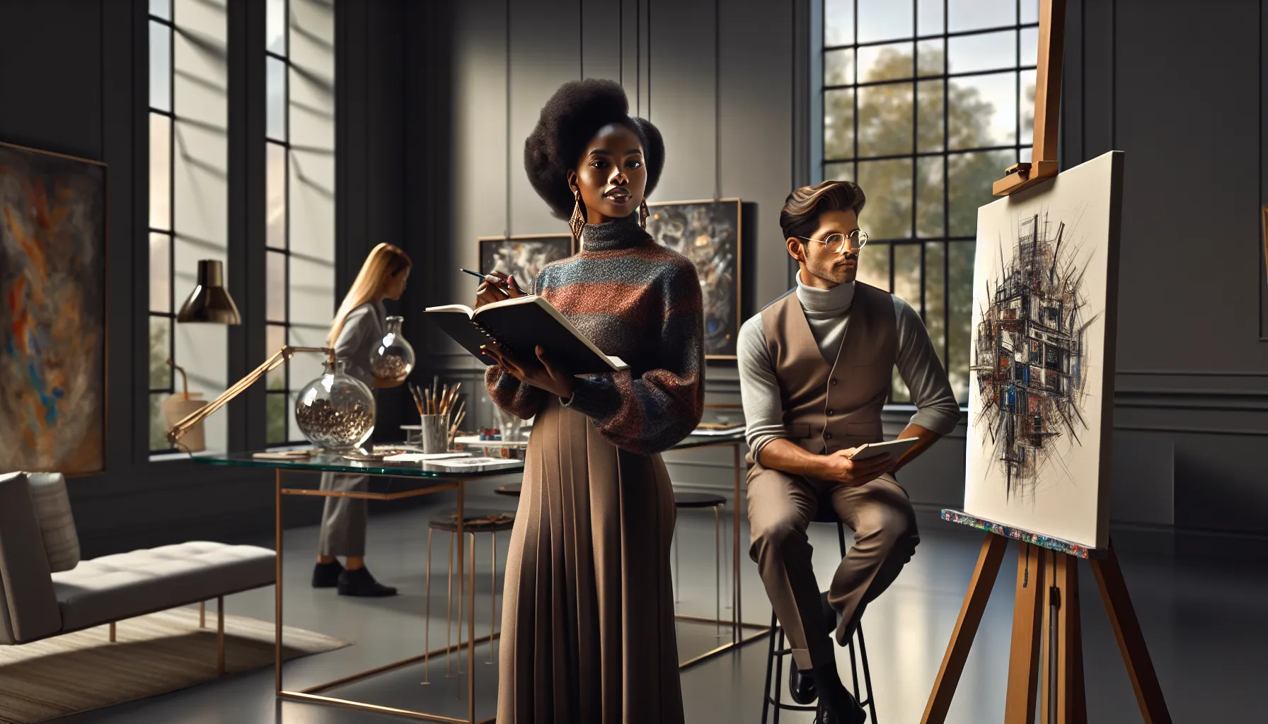 diverse artists discussing Asheshshyaam in a gallery setting.