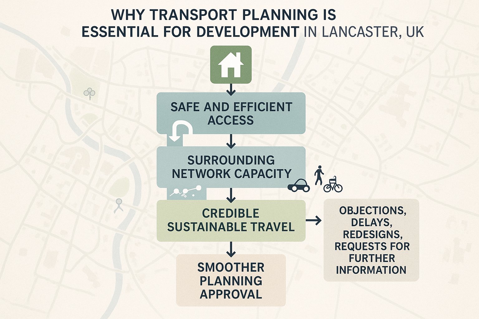 Infographic showing how transport planning supports safe access and smoother development in Lancaster.
