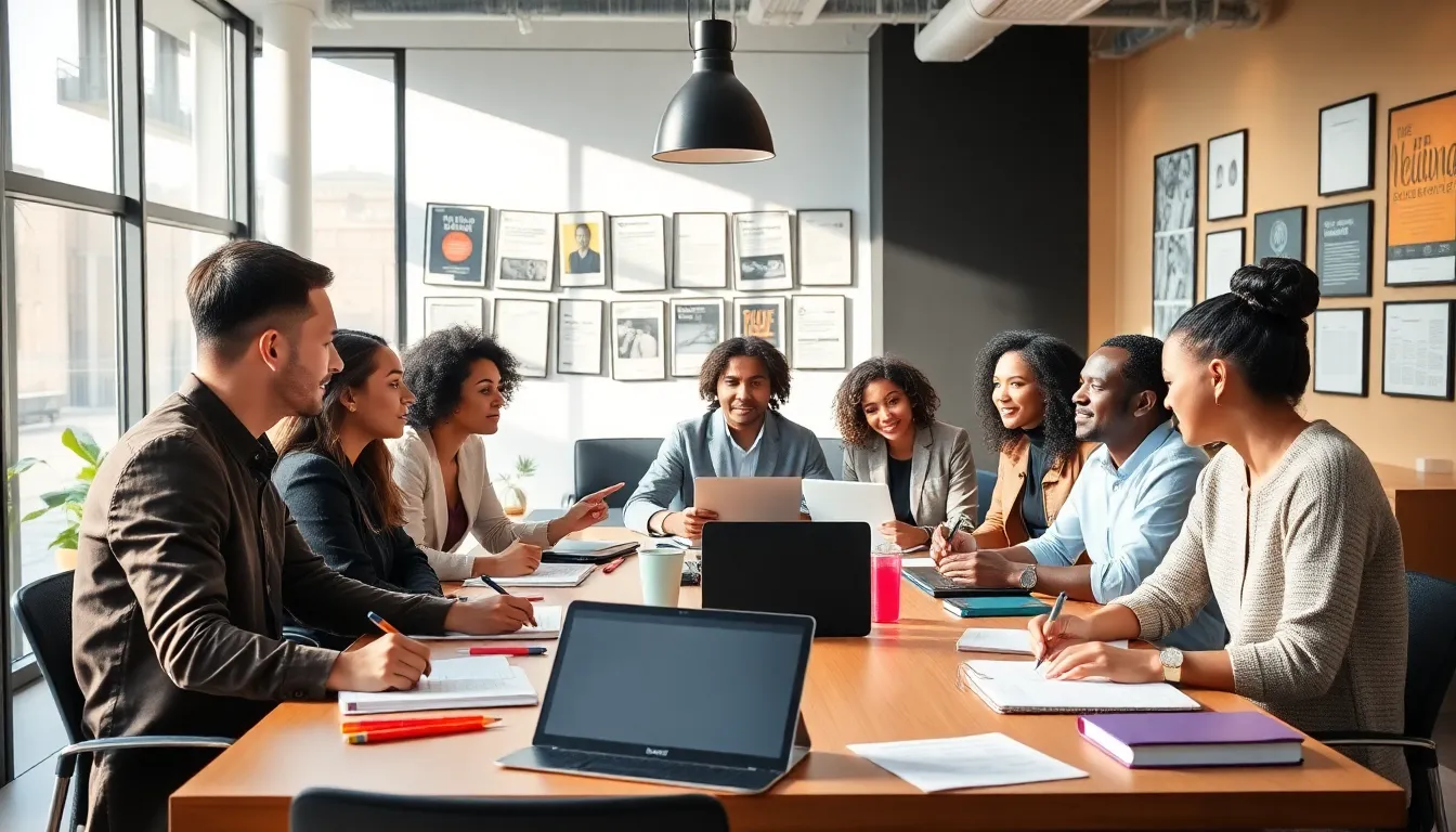 diverse writers collaborating in a modern workspace.