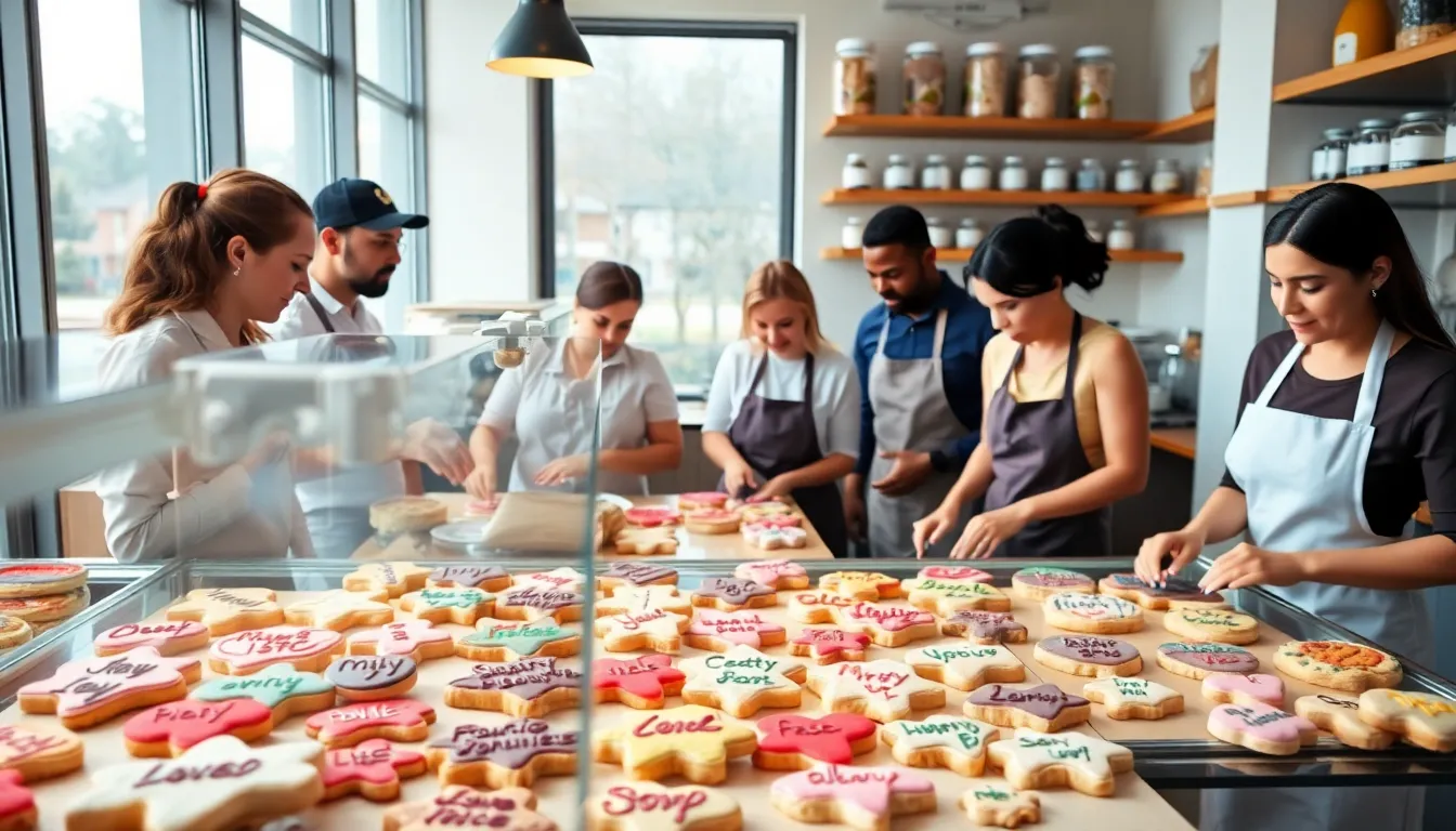 diverse bakers decorating personalized cookies in a modern bakery.