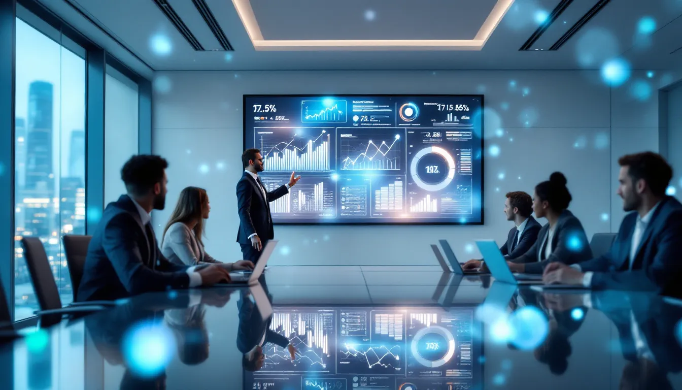 Business executives reviewing automation metrics and digital dashboards in modern corporate boardroom.