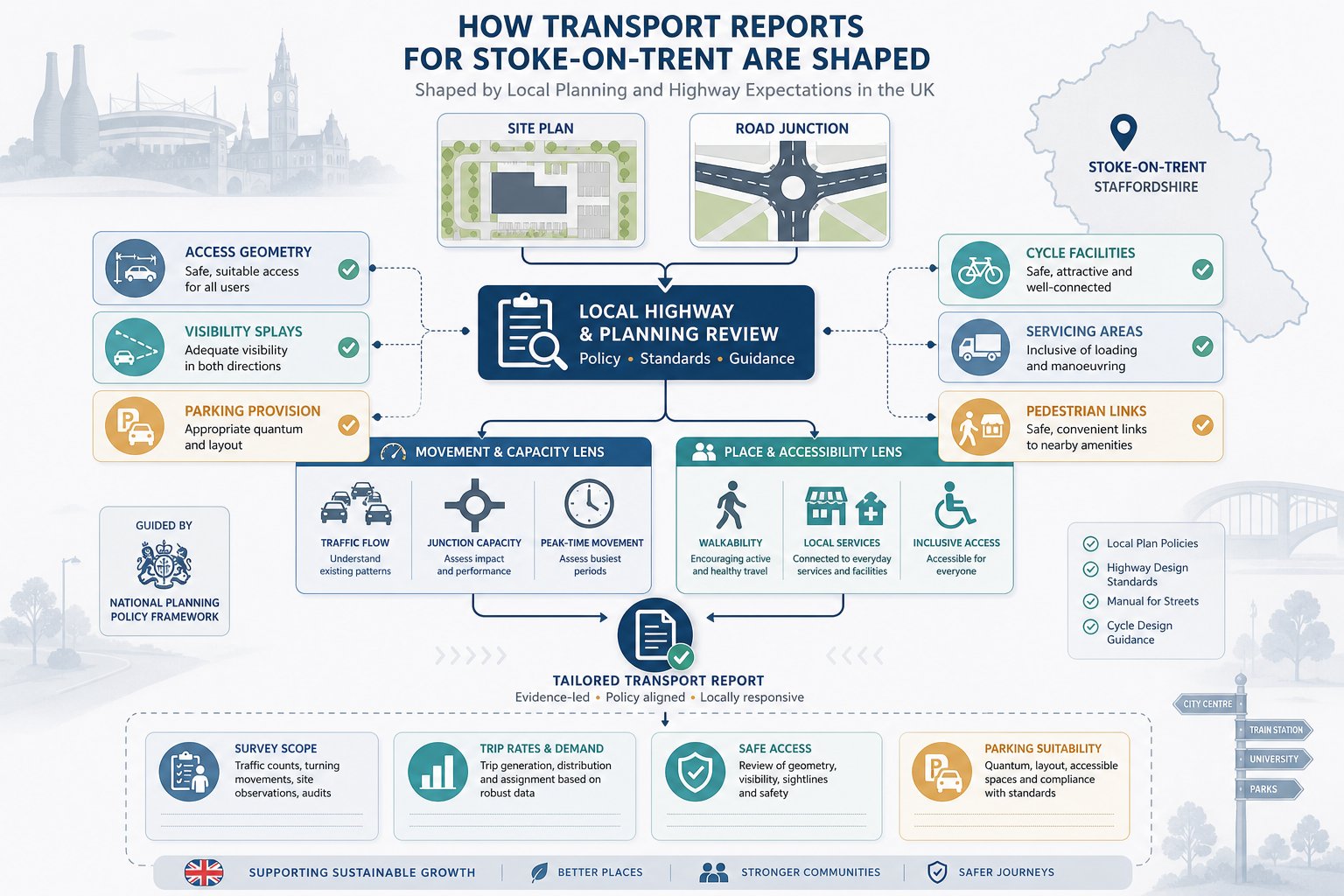 Infographic of local planning factors shaping transport reports in Stoke-on-Trent.