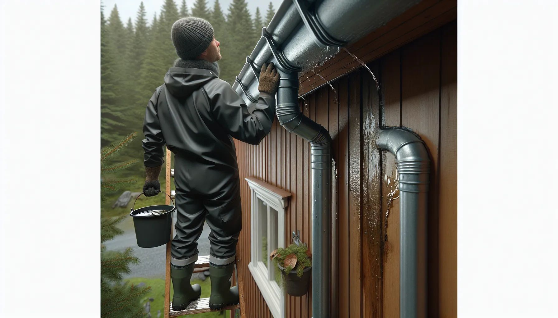 Homeowner in norway inspecting a gutter and downspout for poor water flow.