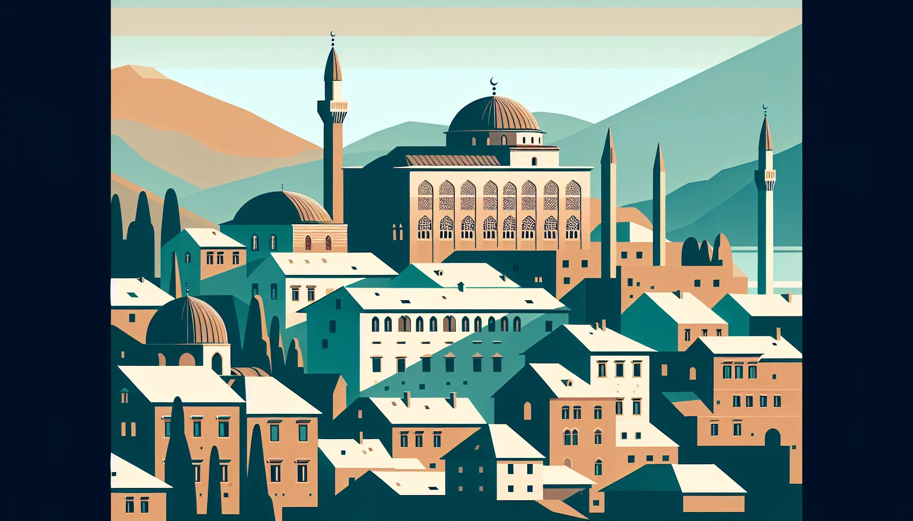 Historic Bosnian town with Ottoman architecture and minaret in hills