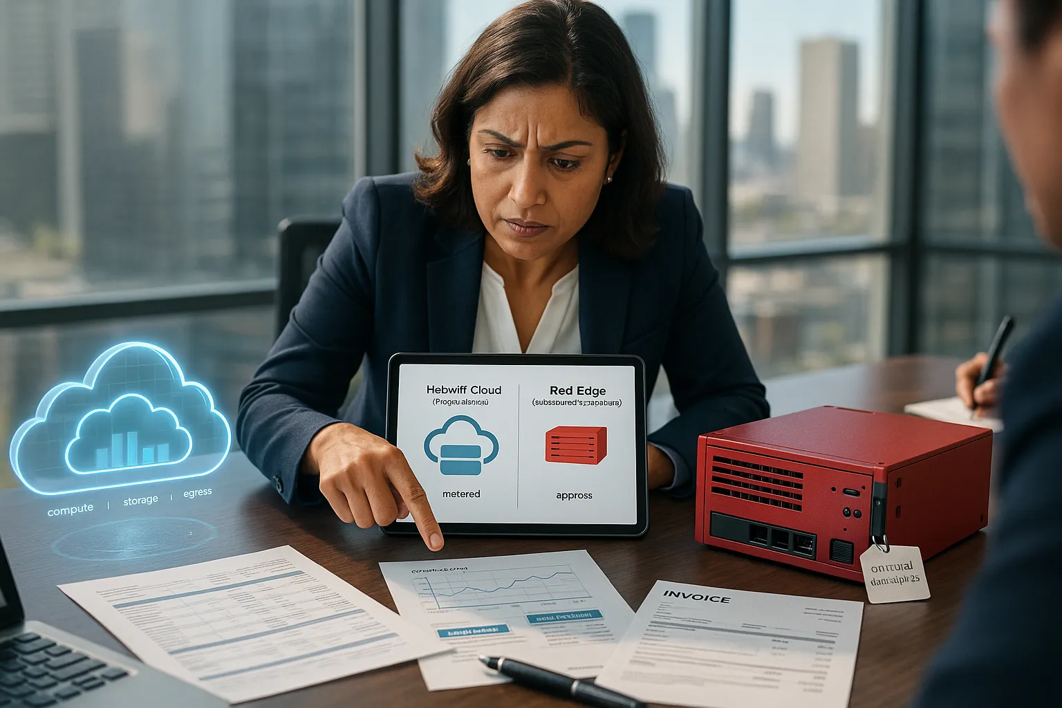 CFO pointing at tablet comparing cloud usage pricing and red appliance subscription.