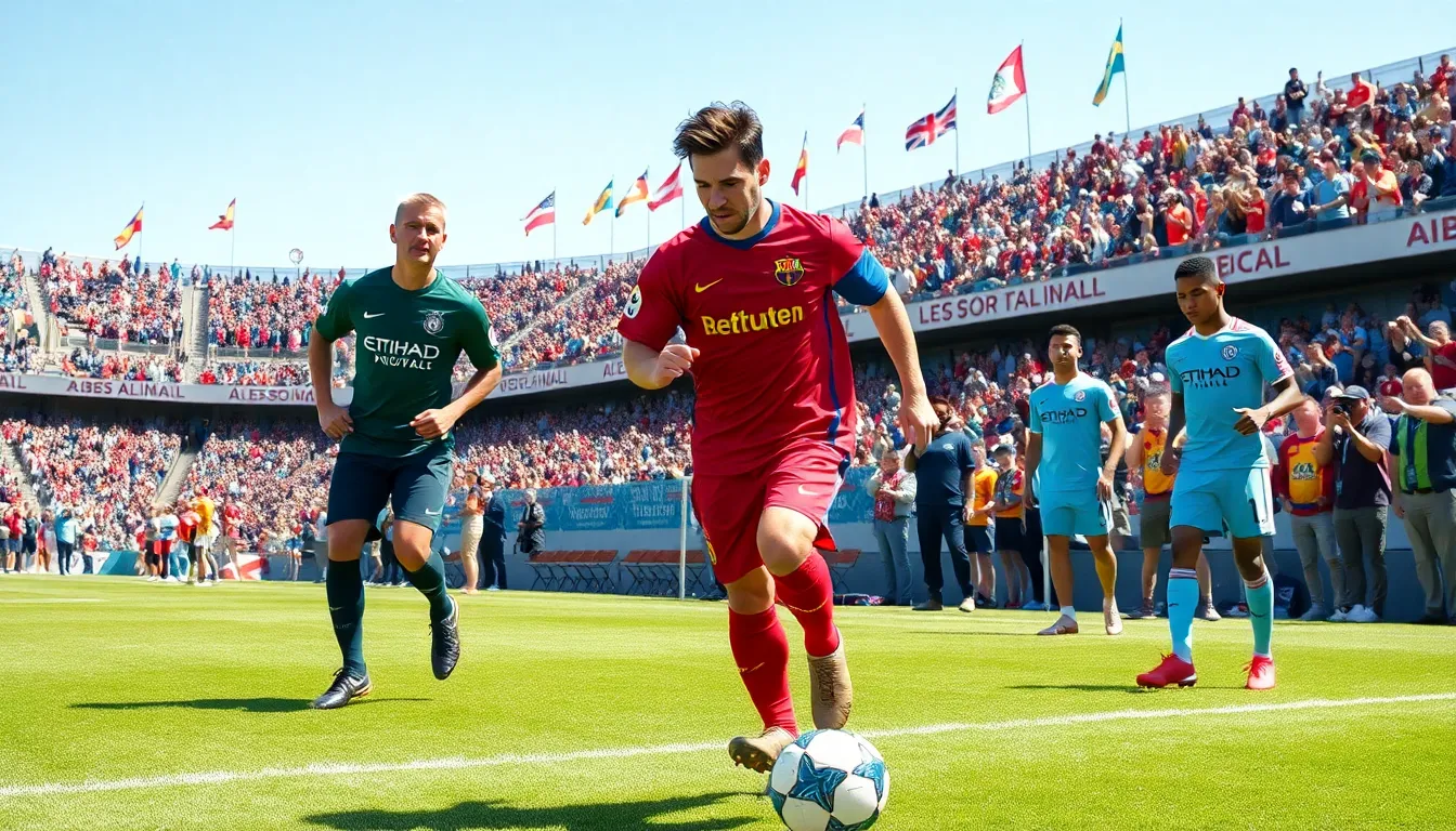 Lionel Messi dribbling the ball during a vibrant 2025 football match.