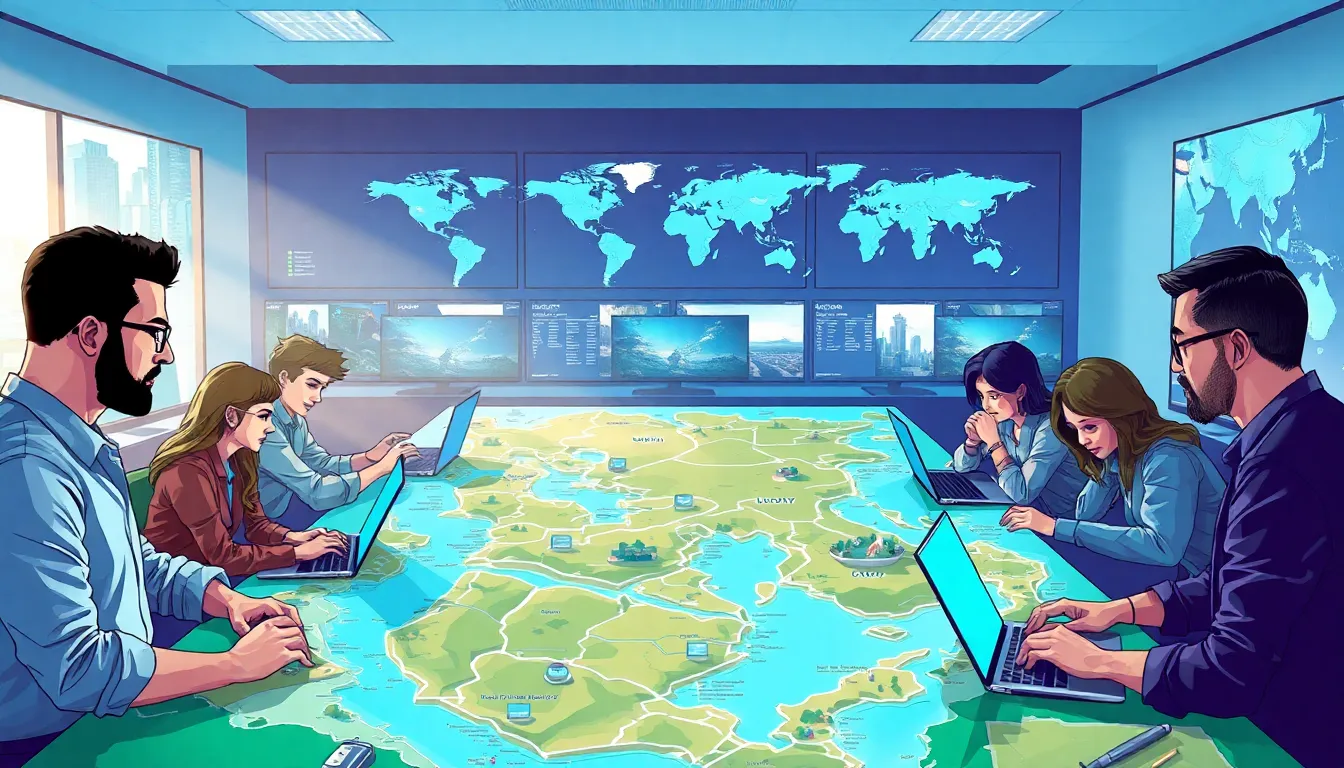 gamers strategizing over a Call of Duty: Cold War map in a modern office.