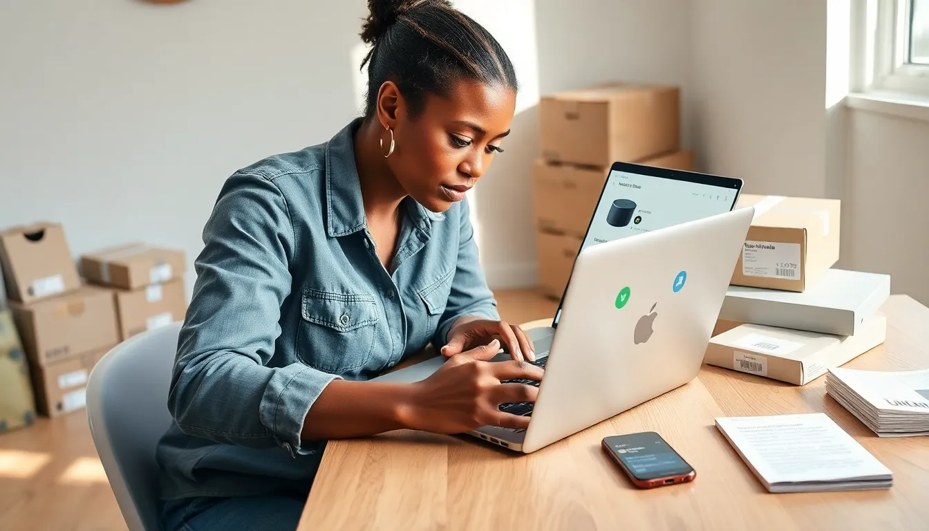 Small business owner optimizing a clear product listing on a laptop