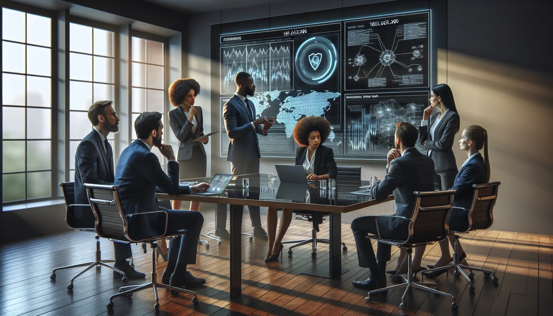 IT professionals discussing cybersecurity measures in a modern office.