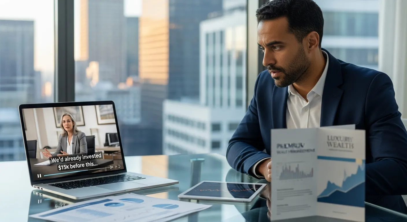 Professional watching a high-stakes video testimonial on a laptop in a modern office.