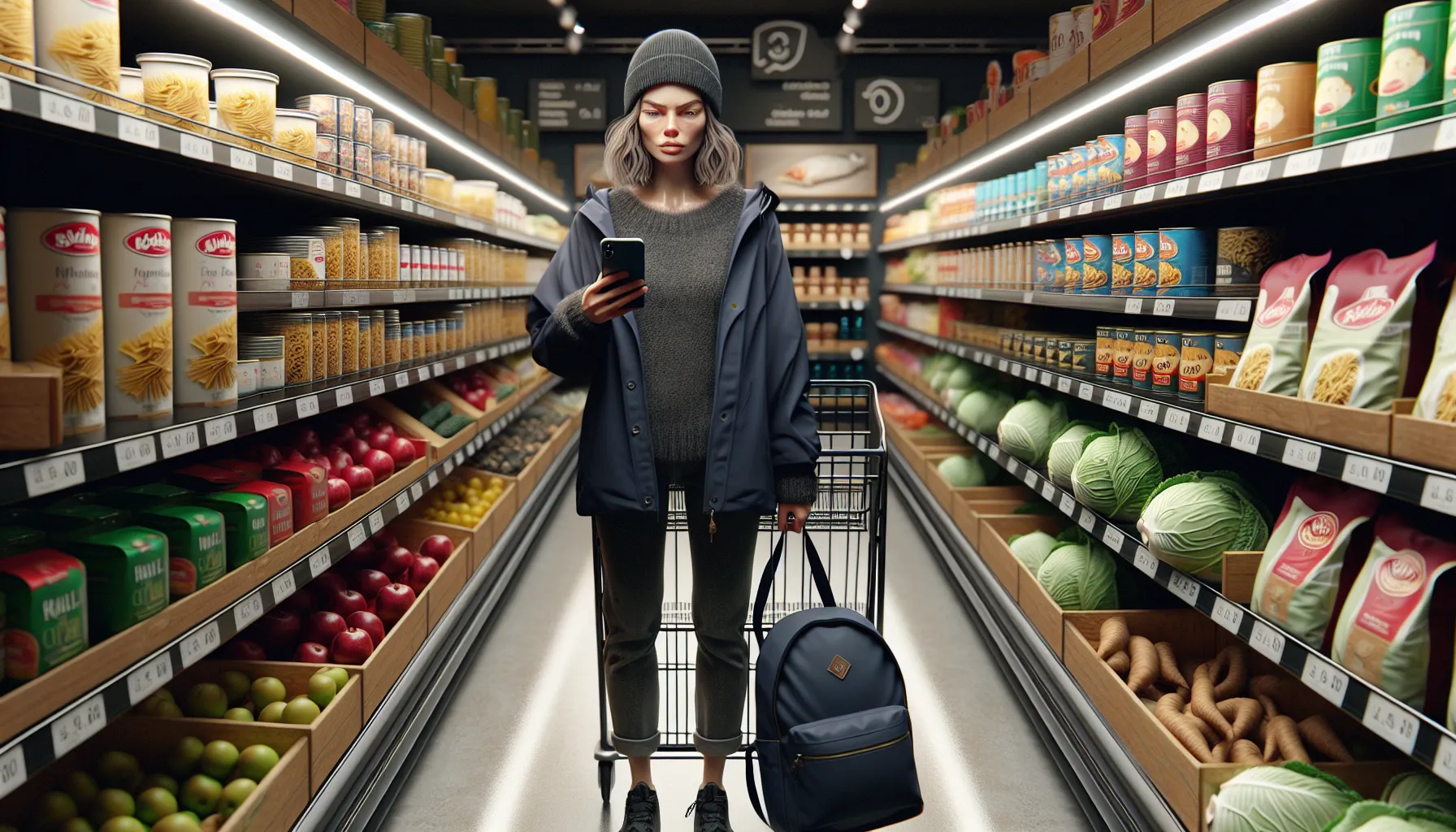 Norwegian shopper compares unit prices and selects discounted groceries in evening.