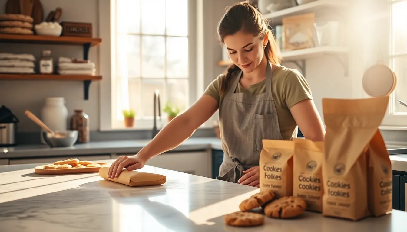 baker in a cozy kitchen surrounded by freshly baked cookies.