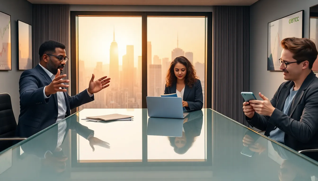 a diverse group discussing Bitcoin and Bitclassic in a modern office.