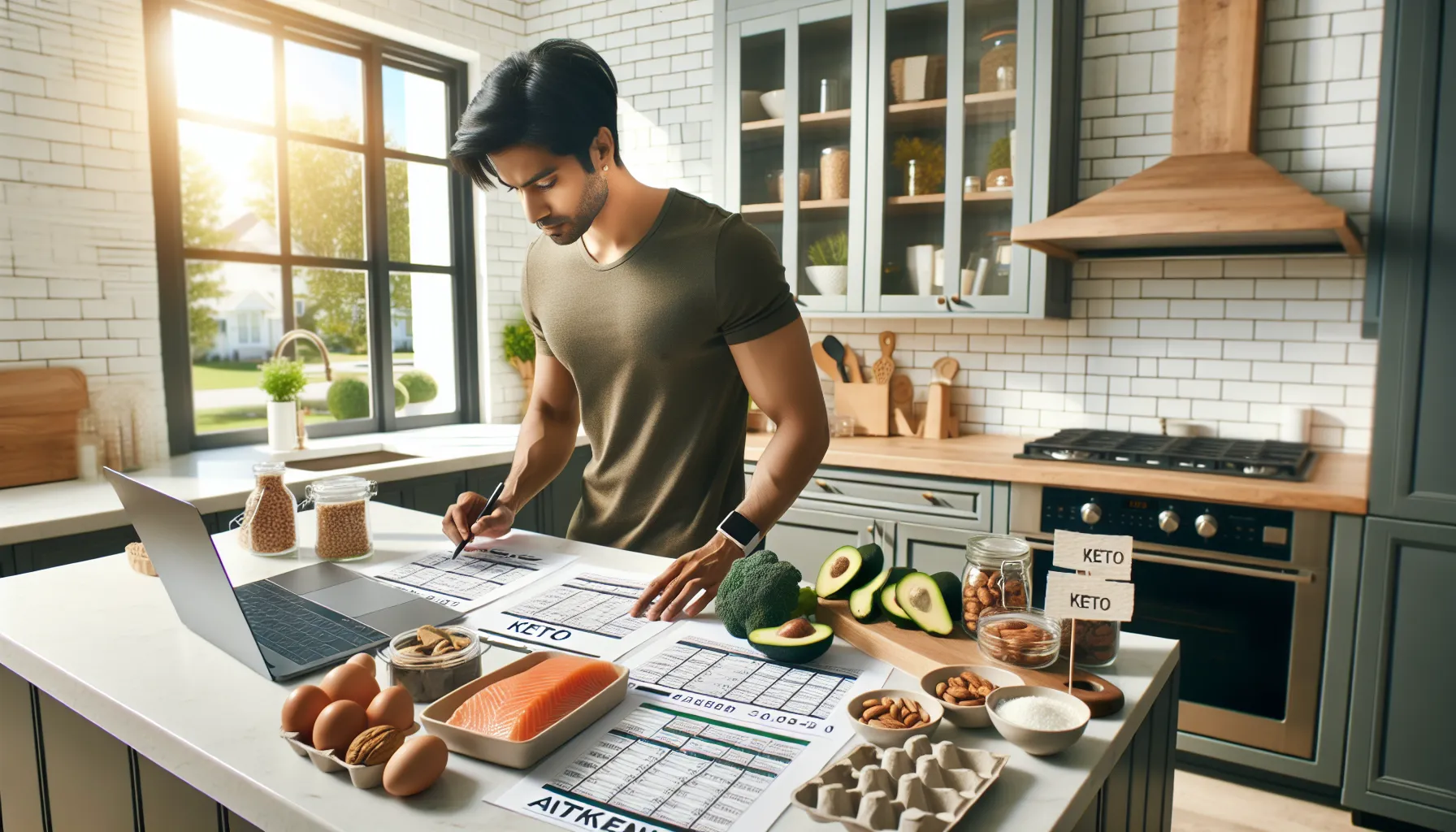 A person evaluating keto and Atkins diet plans in a modern kitchen.