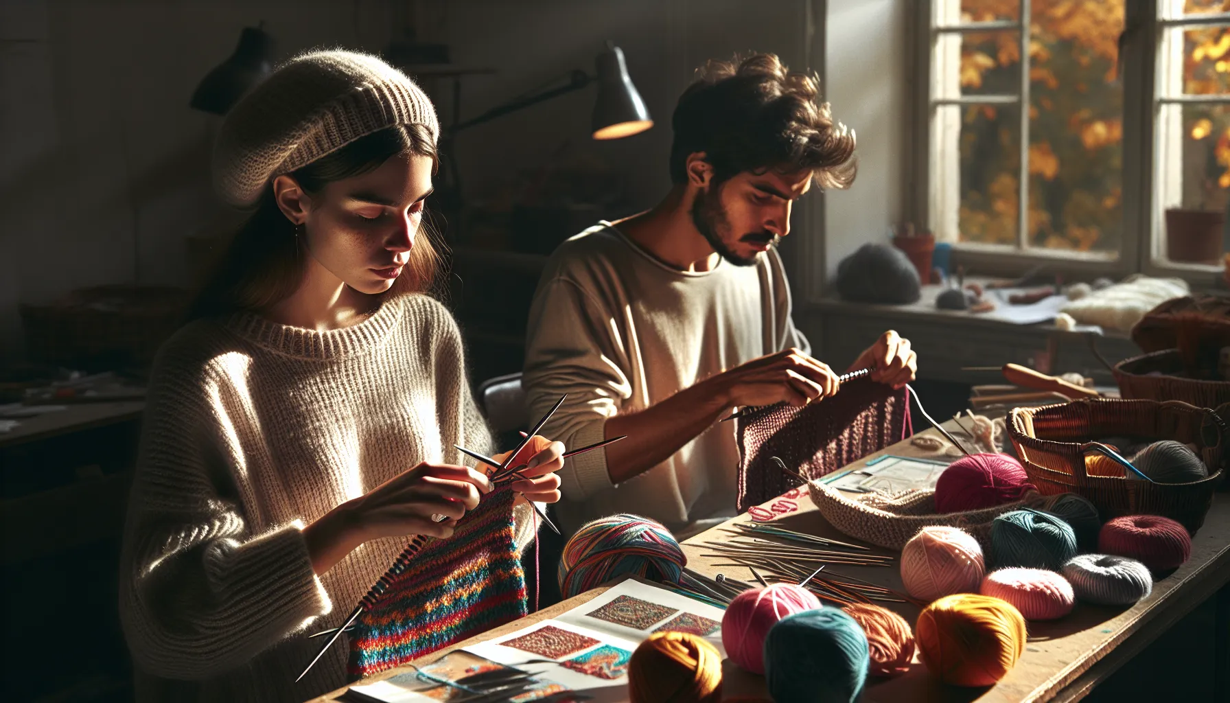 Two individuals knitting and crocheting in a sunlit craft room.