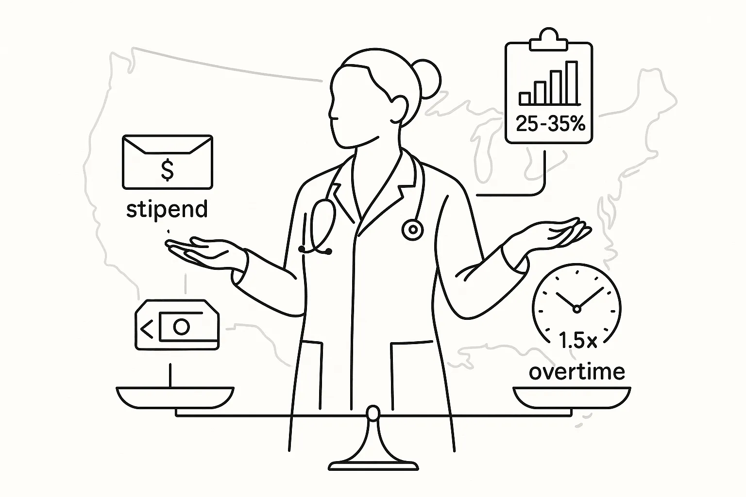 Line art veterinarian weighing stipend, hourly/overtime clock, and production percentage clipboard.