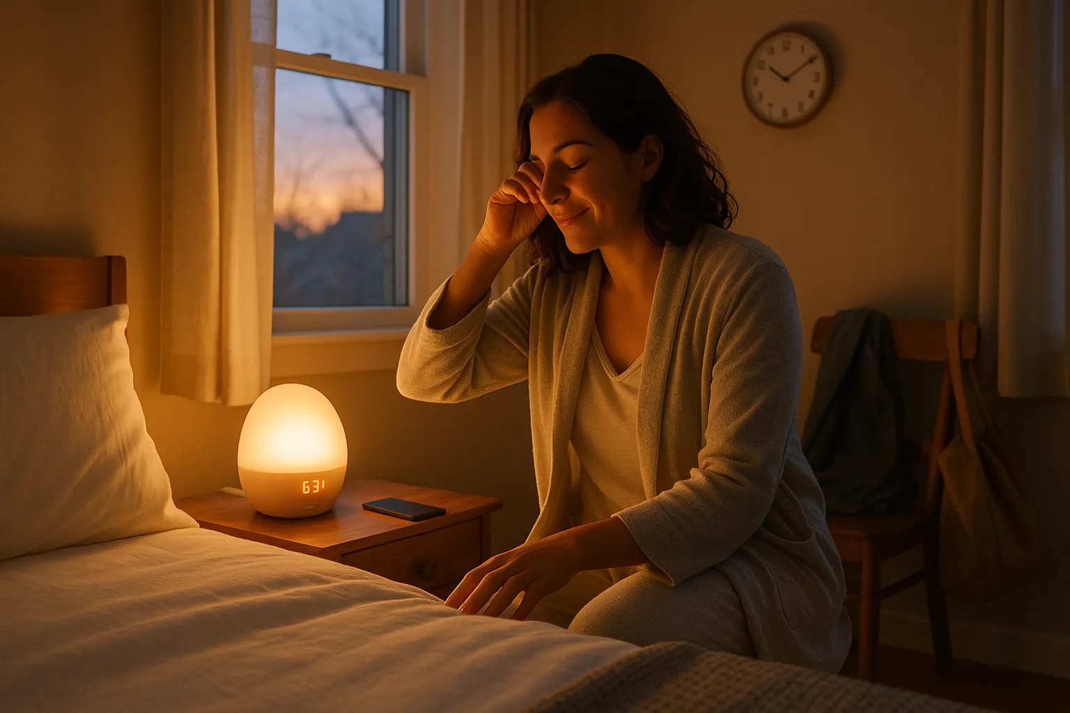 Woman waking calmly to a sunrise alarm lamp in a cozy bedroom.