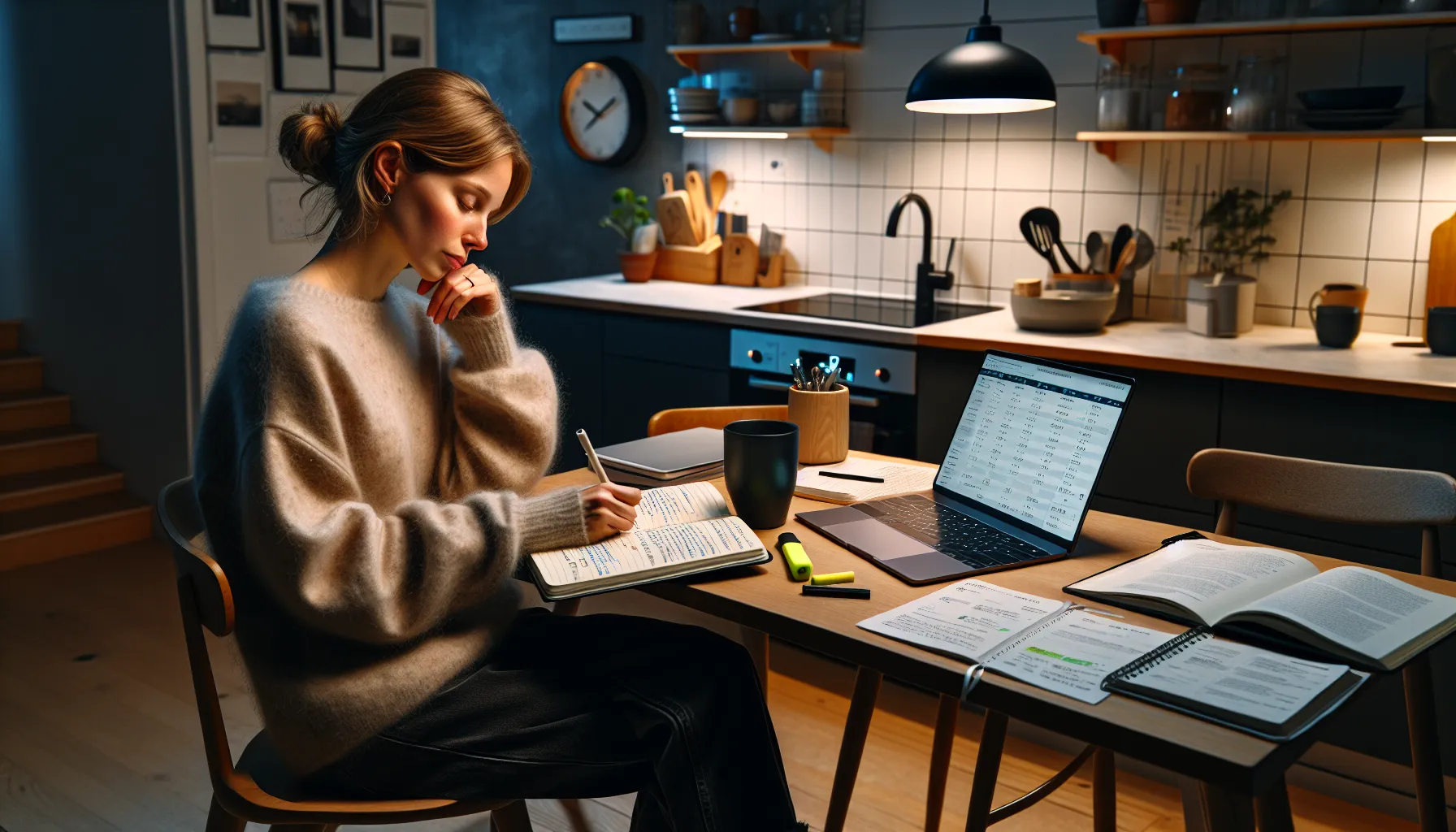 Woman in norway planning study goals late at night beside work laptop.