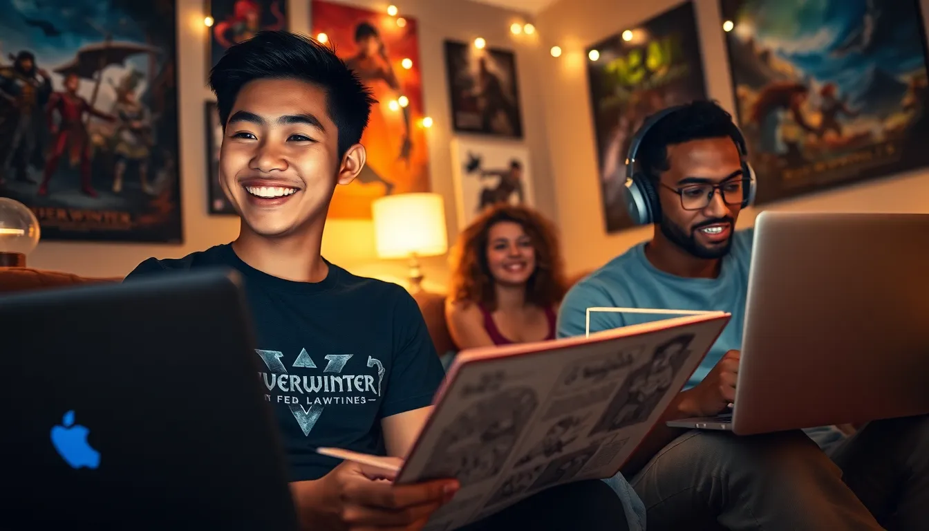 a group of gamers collaborating and sharing Neverwinter fan art in a cozy room.