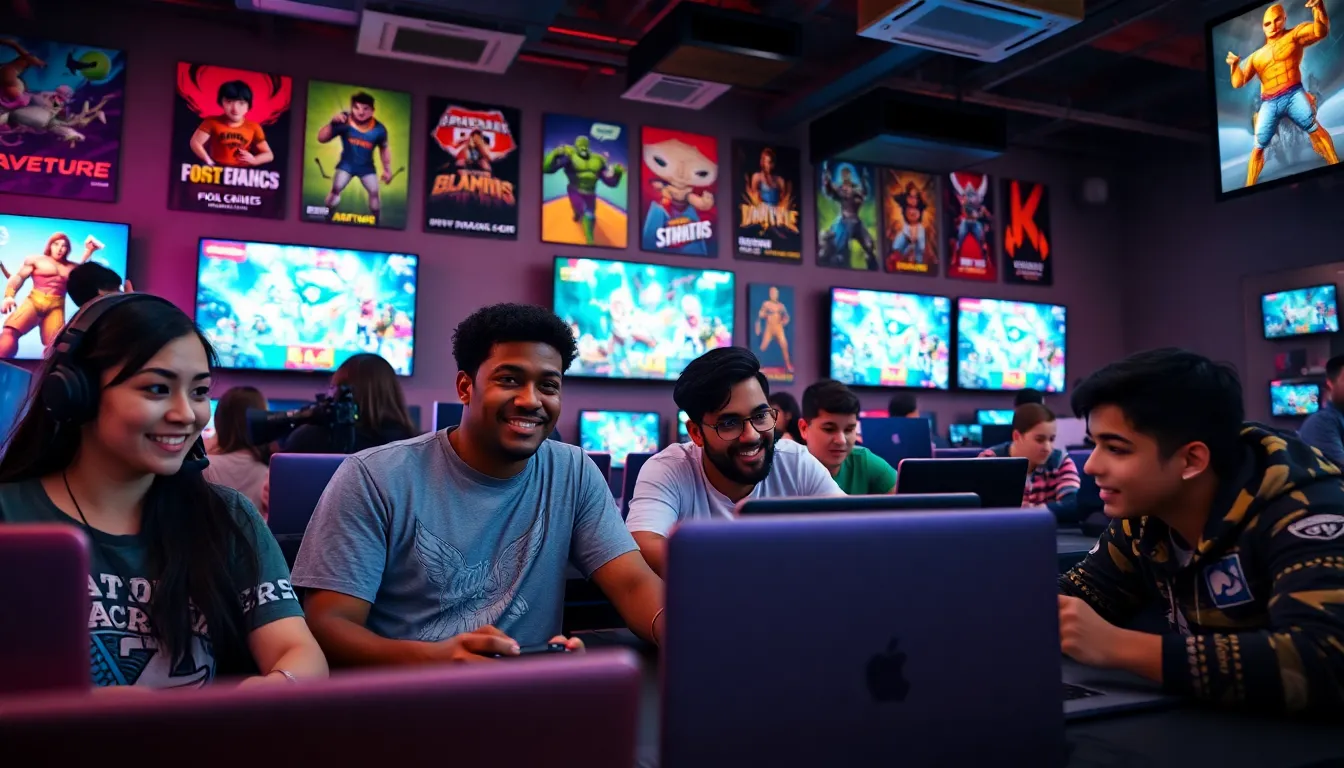 gamers enjoying various games in a vibrant gaming lounge.