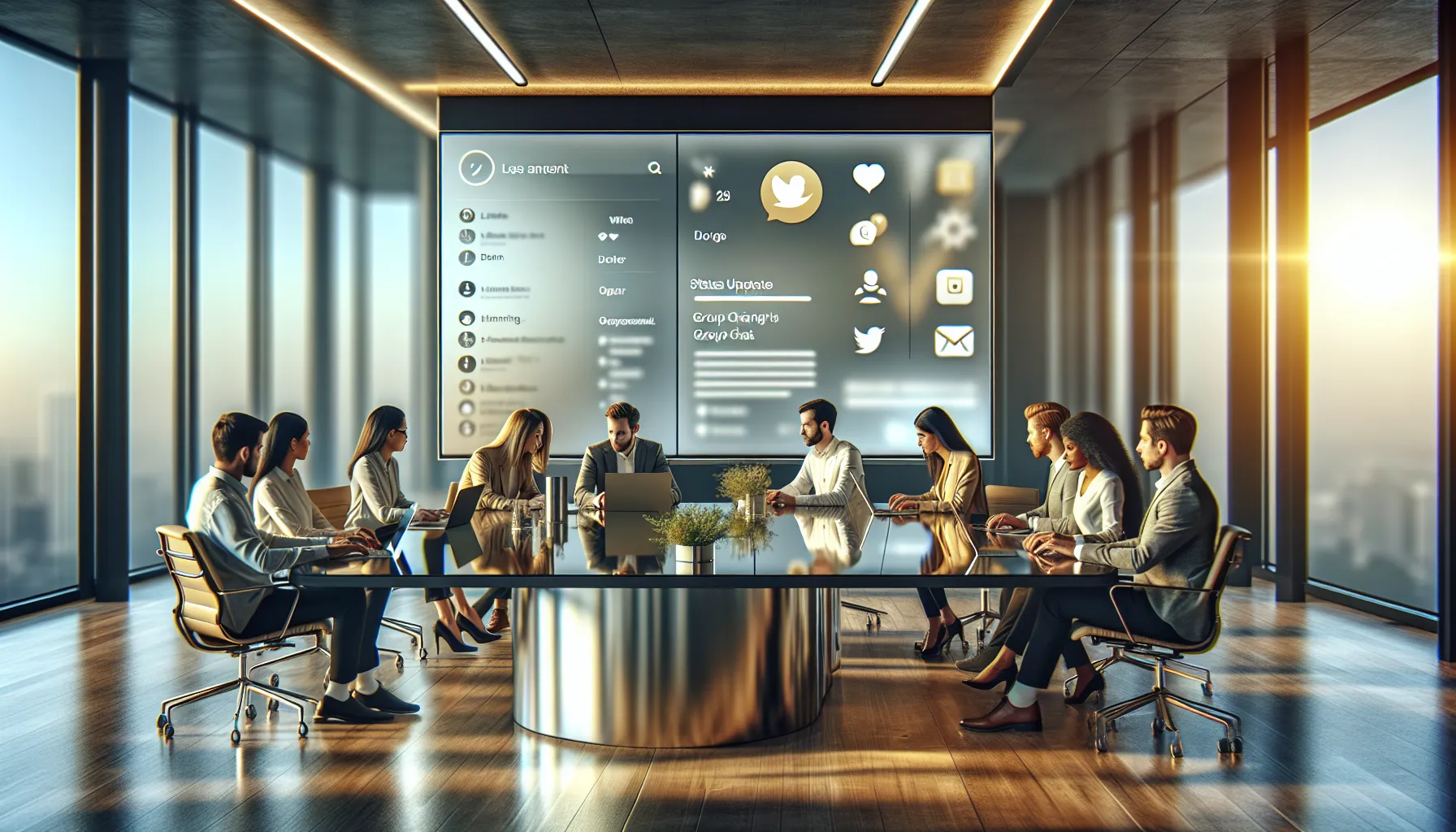 diverse professionals discussing WhatsApp features in a modern office.