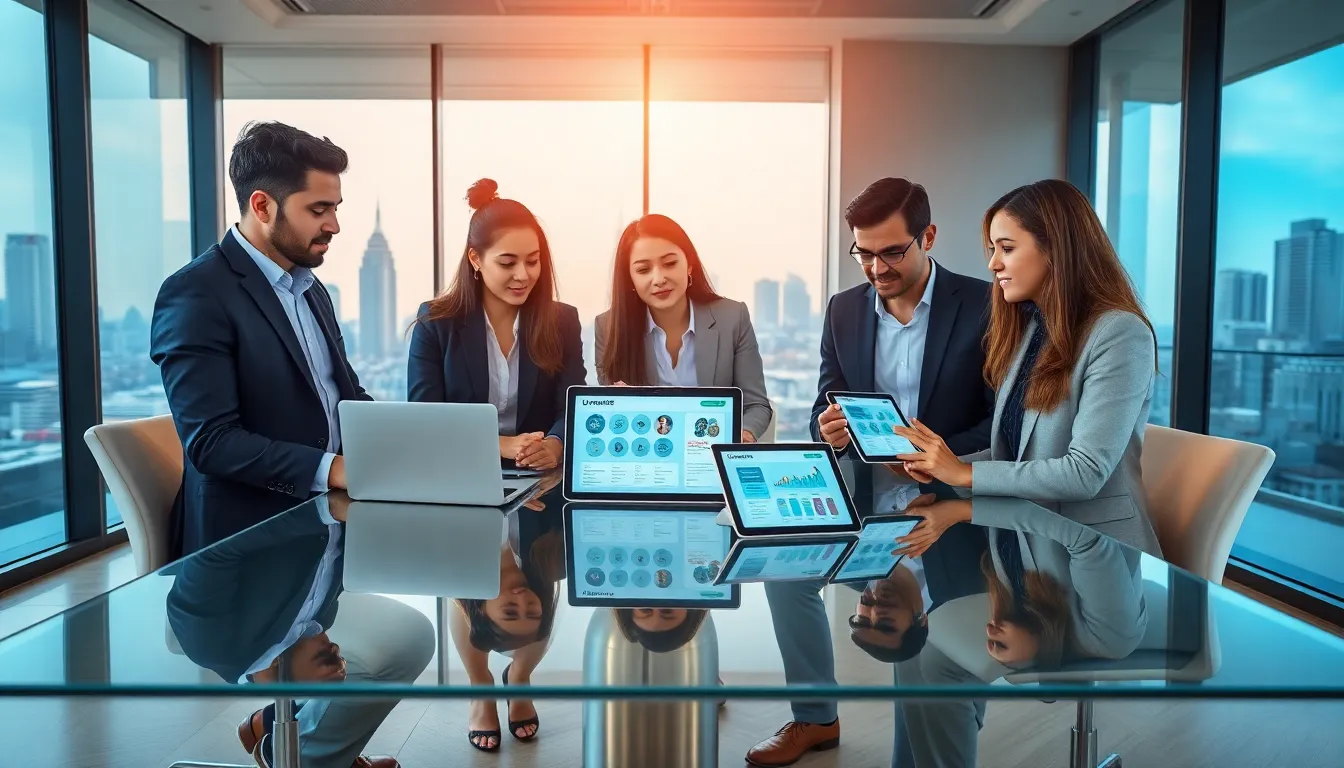 a diverse team discussing the Uunnme55 platform in a modern office.