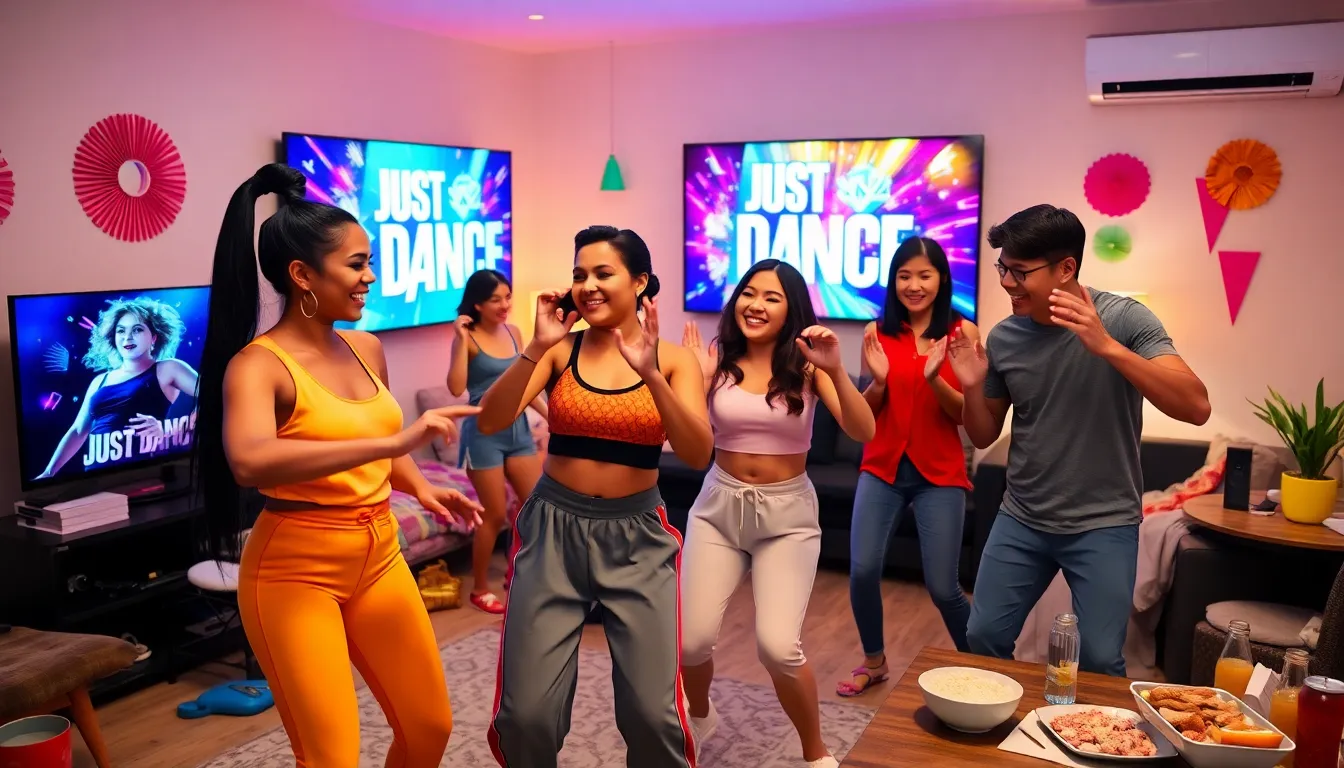 four friends dancing in a vibrant living room to Just Dance 2022.