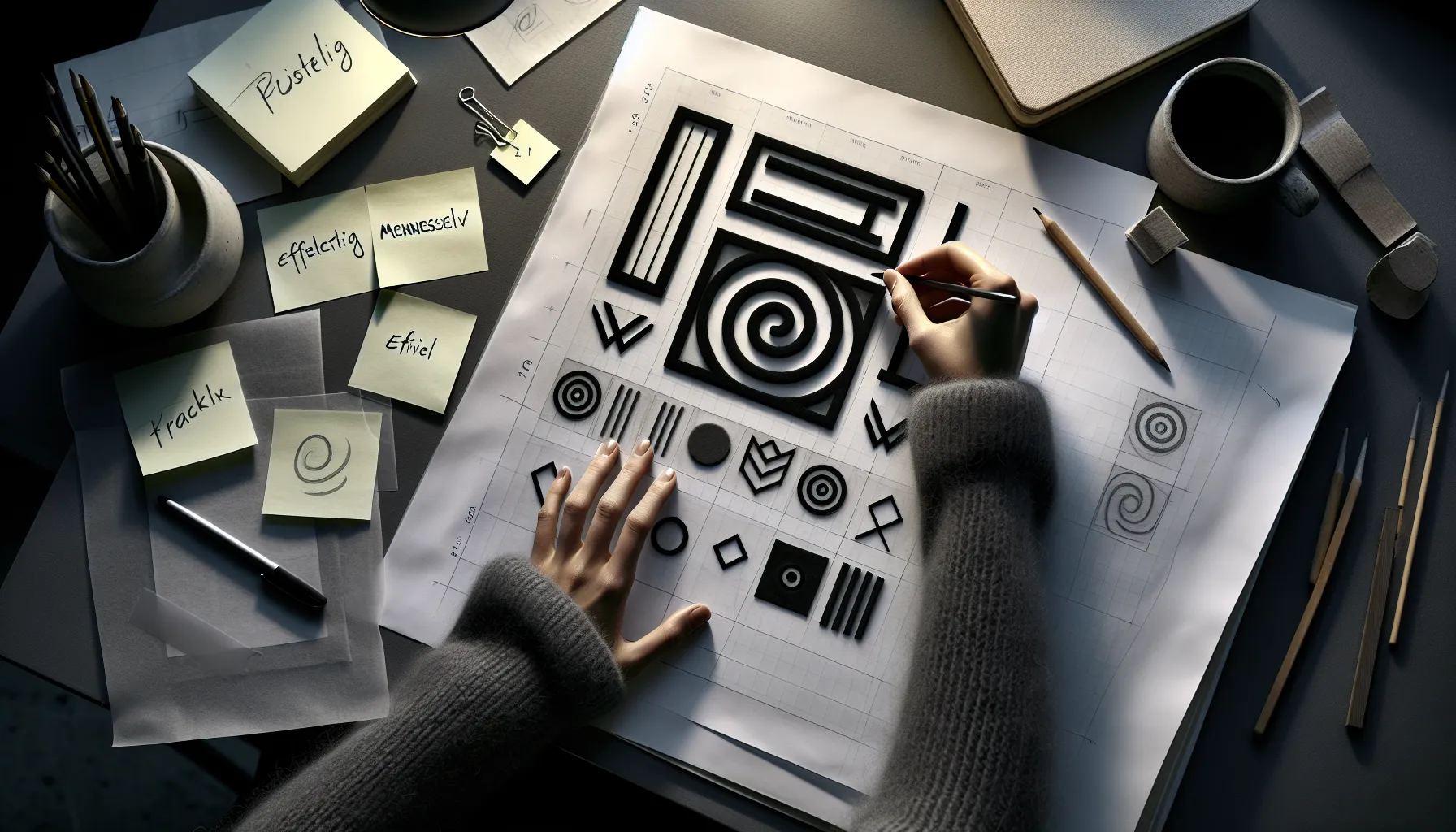 Designer refines abstract shield-spiral logo using prioritized norwegian brand values in a nordic studio.