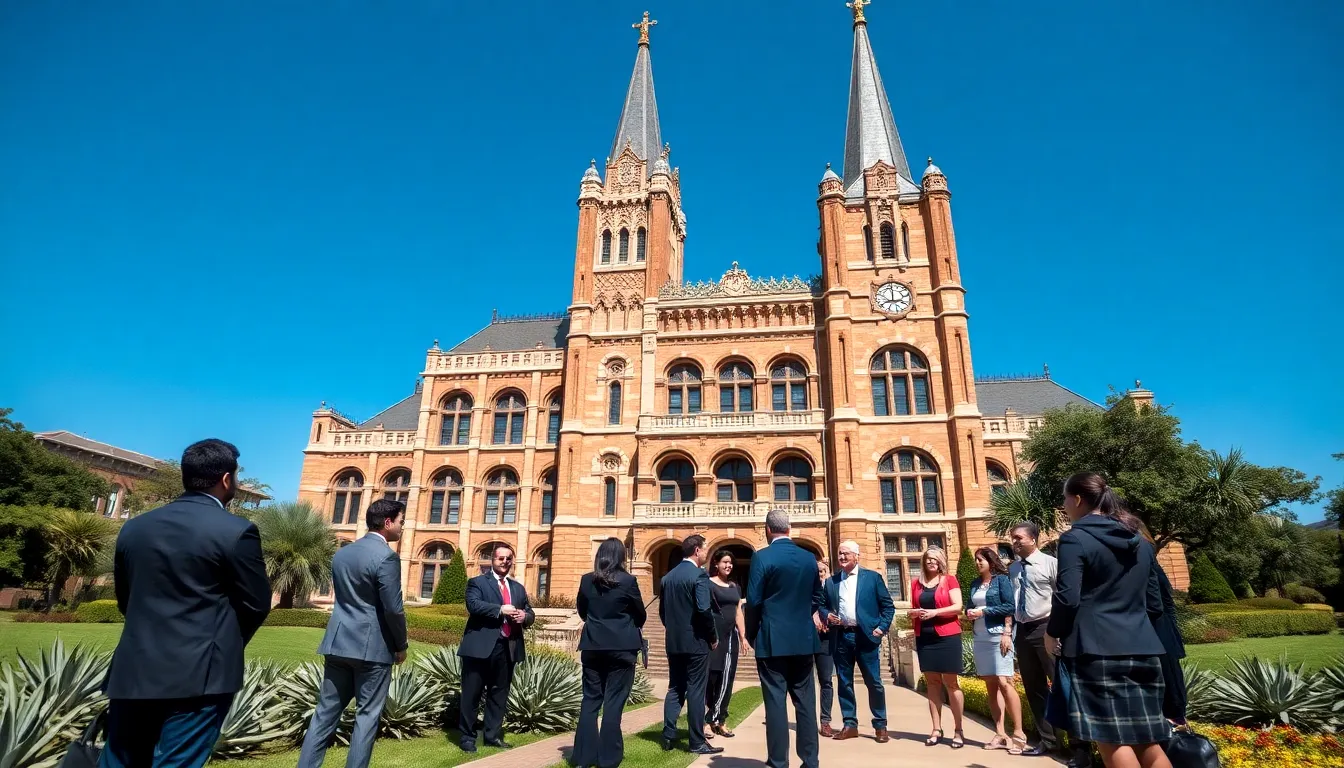 Dallas County Courthouse showcasing Romanesque architecture with professionals nearby.