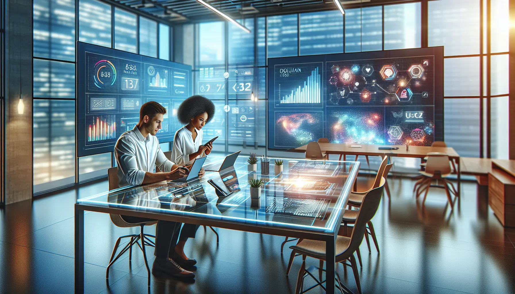 diverse professionals collaborating in a modern digital workspace.