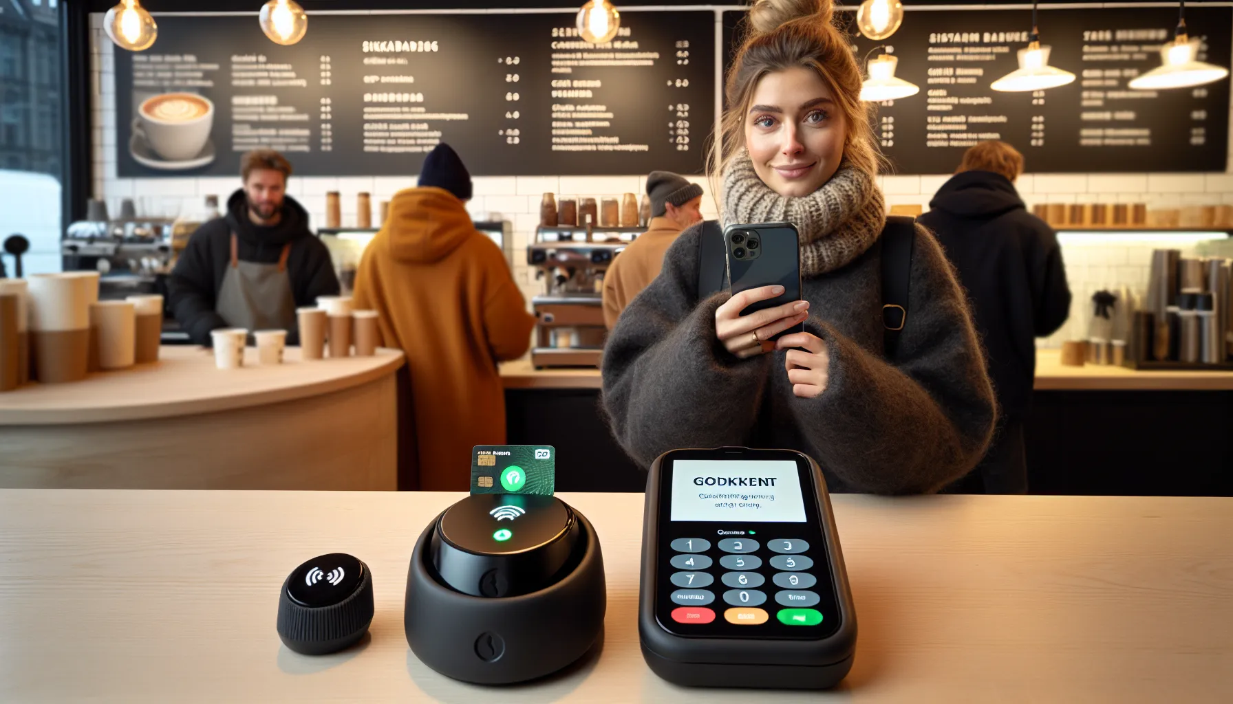 Woman taps phone to pay at oslo cafe, secure contactless approved.