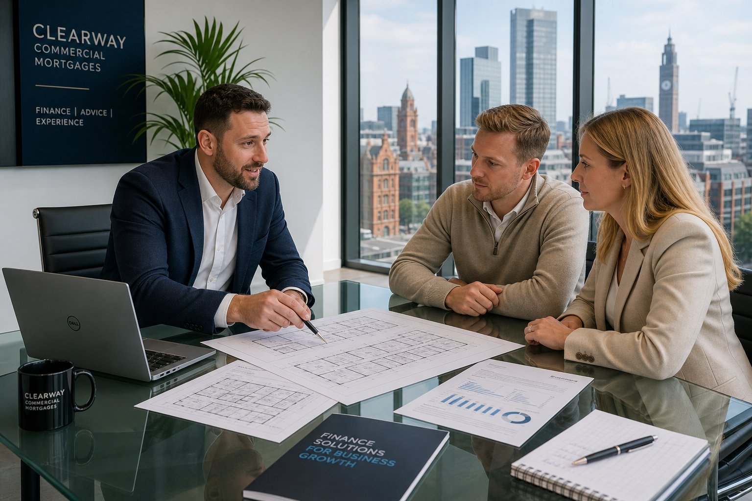 Commercial mortgage adviser meeting business owners in a bright Manchester office with documents and laptop.