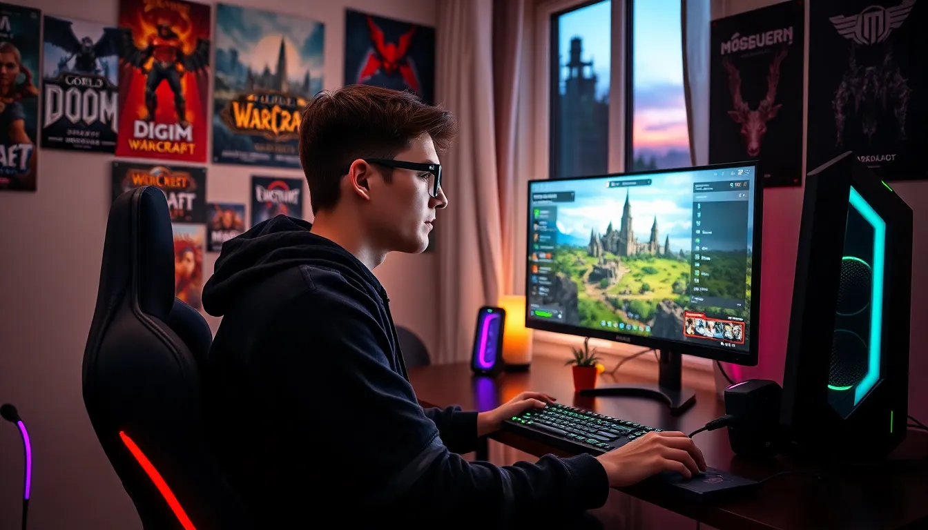 a gamer focused on a dual monitor setup in a cozy gaming room.