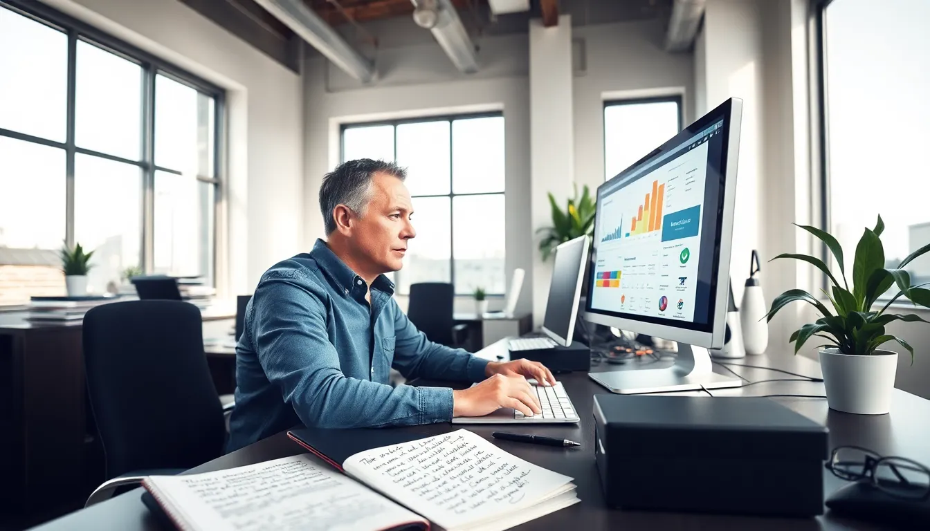 A web designer focused on creating stable website designs in a modern office.