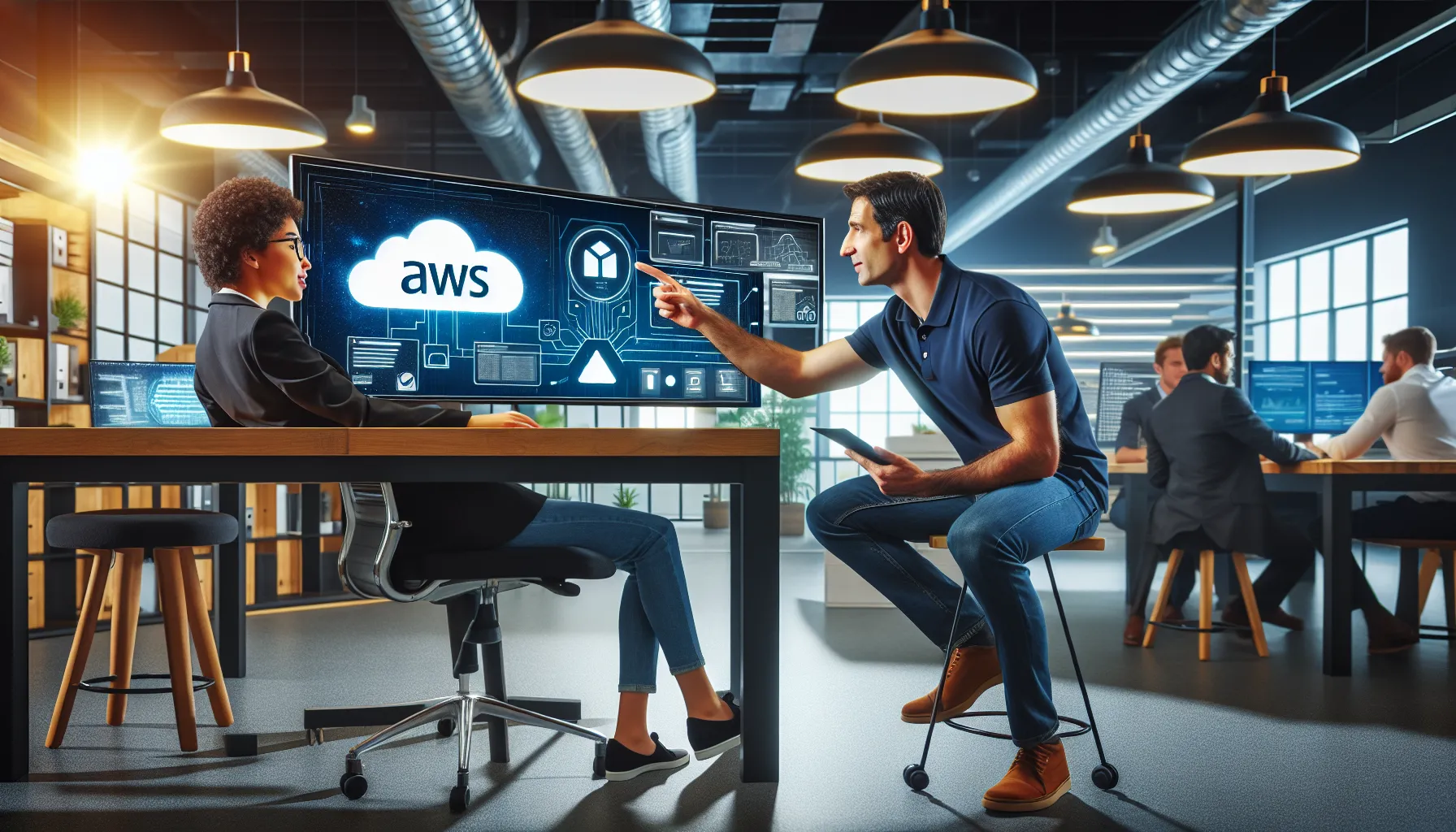 two professionals discussing AWS and Azure in a modern office.