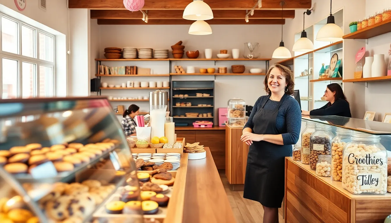 Mary serving cookies at a warm, inviting bakery.