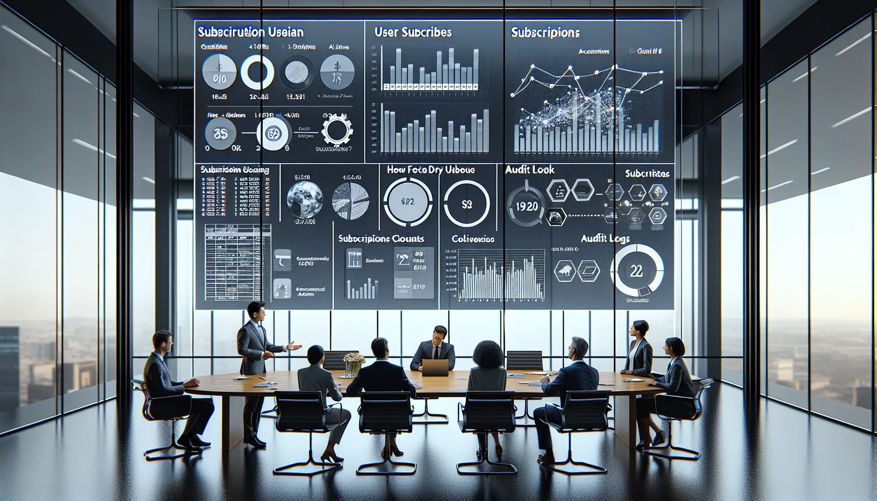 Diverse analytics team reviewing governed Tableau subscription dashboards and audit logs in a modern office.
