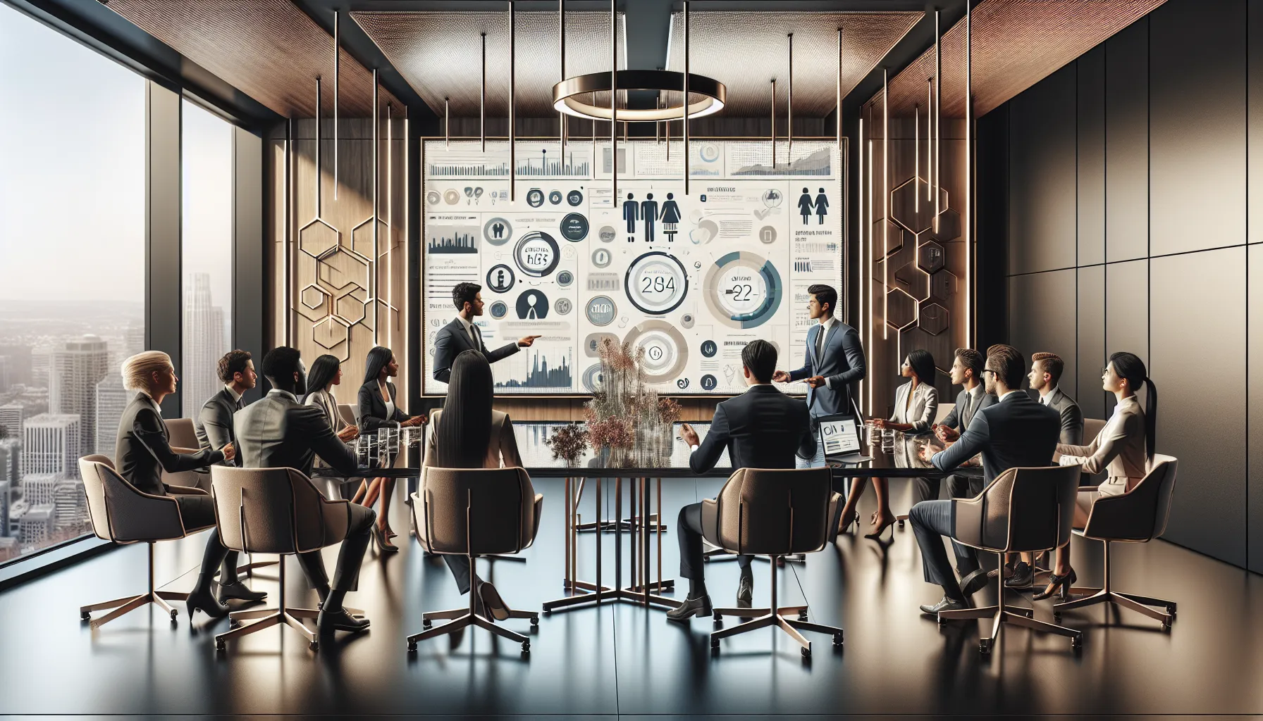 diverse professionals discussing online dating terminology in a modern office.