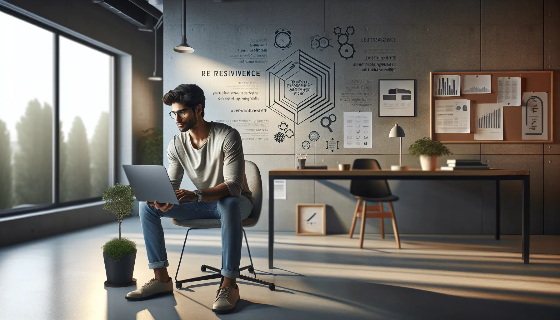 Young man in a modern office overcoming challenges and promoting resilience.