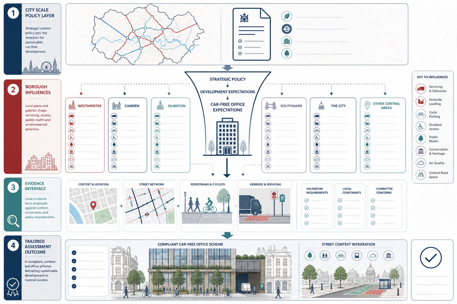 Infographic of Central London planning layers shaping car-free office transport assessment.