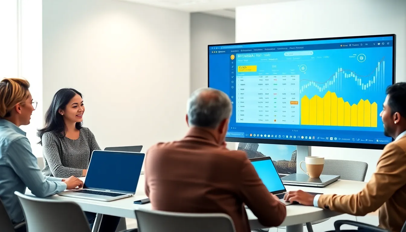 Professionals discussing cryptocurrency trading in a modern office setting.