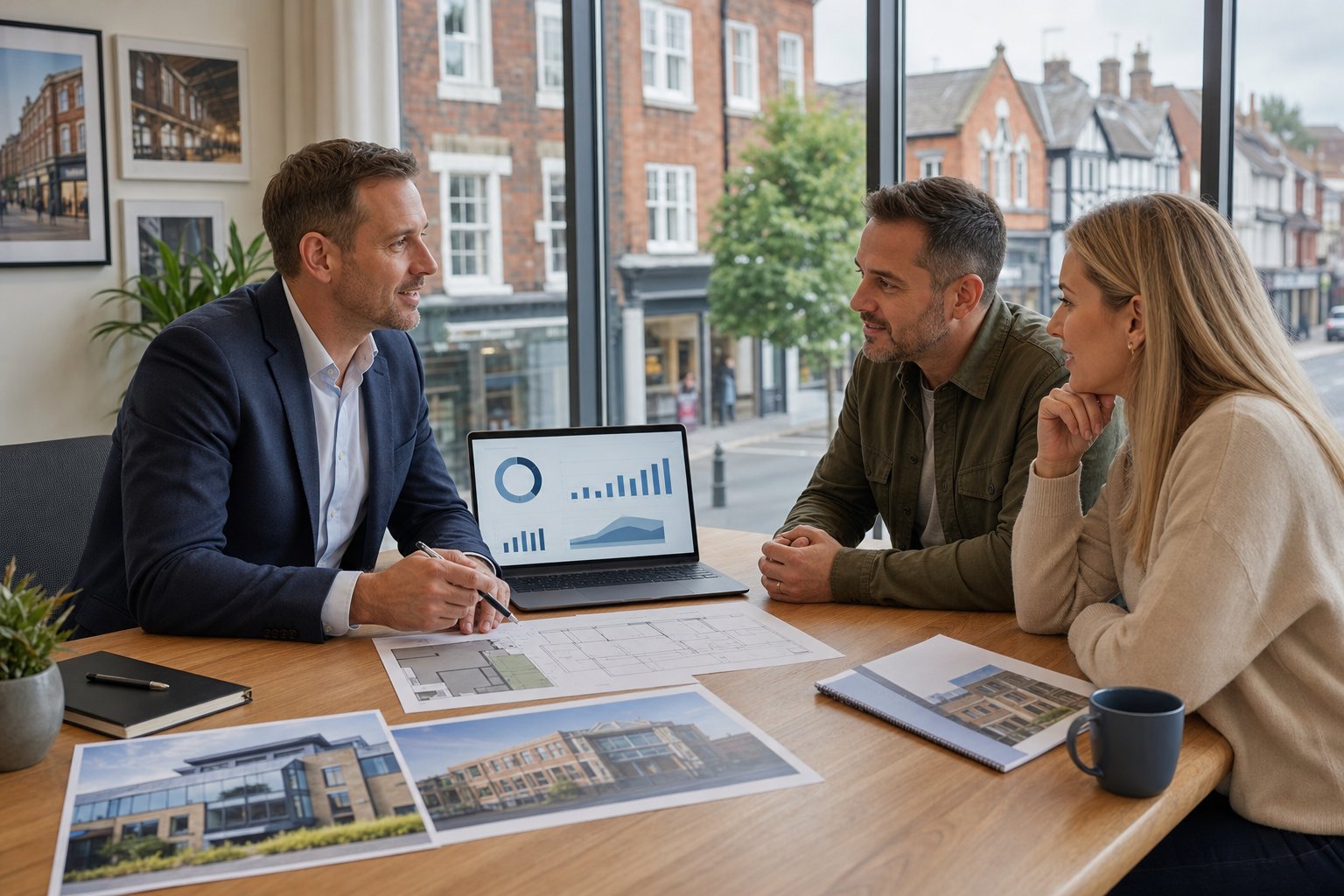 Commercial Mortgage Broker Altrincham 16 Commercial finance advisor meeting with two business owners in a modern office, reviewing property documents and plans in a bright, professional setting.