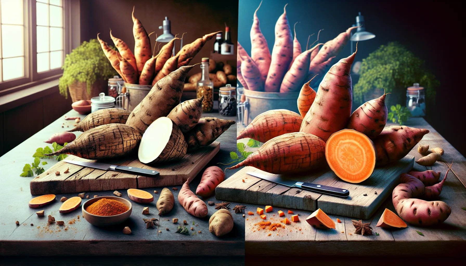 Comparison of true yams and sweet potatoes on a kitchen countertop.