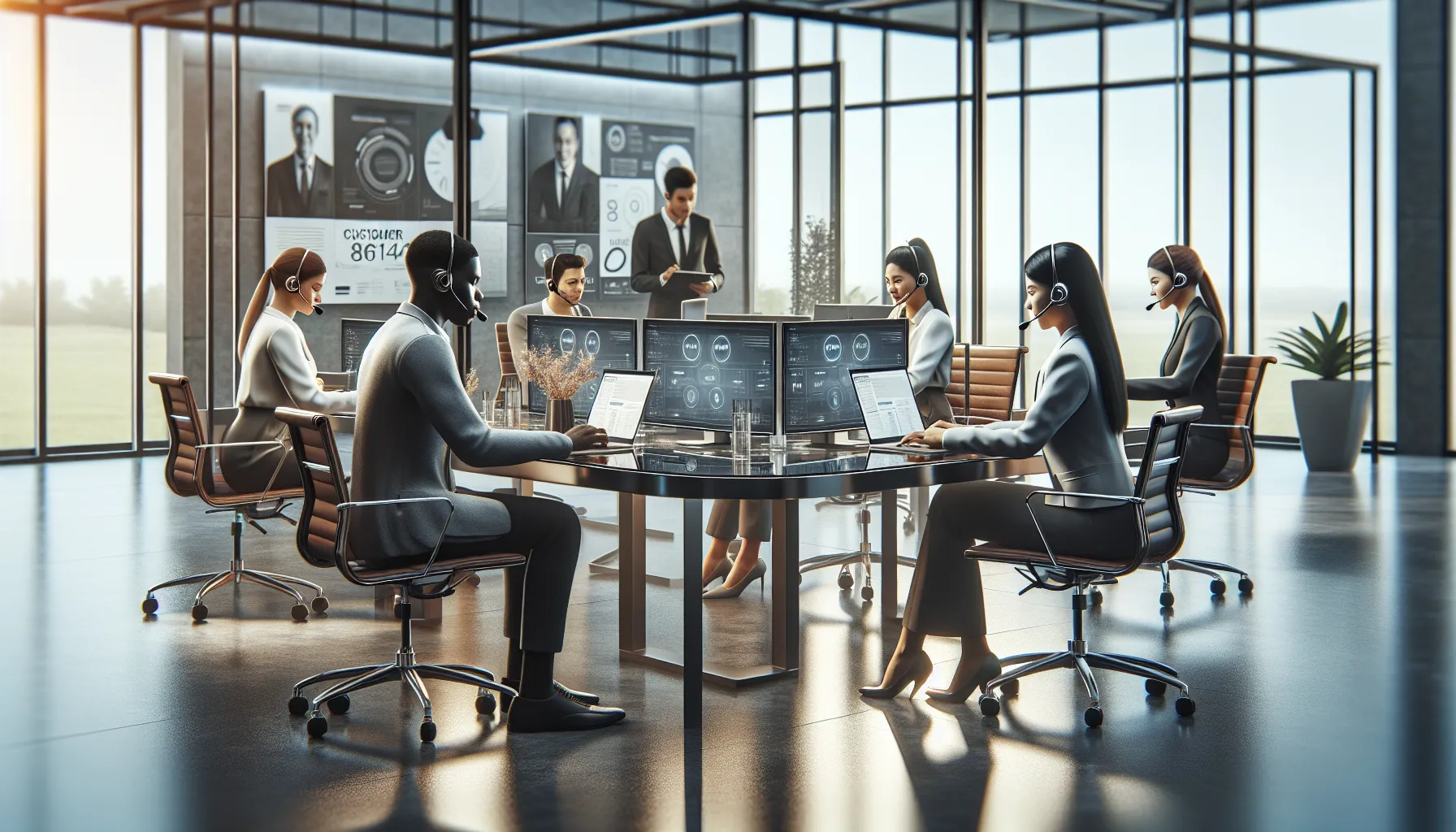 diverse team in a modern customer service office discussing toll-free calls.