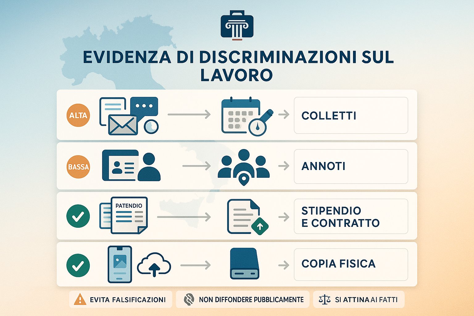 Infografica che mostra la raccolta di prove passo dopo passo e la conservazione sicura per la discriminazione sul lavoro.
