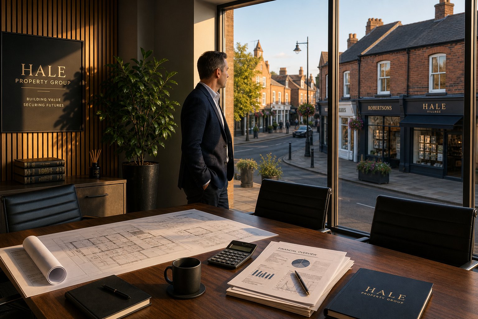 Business owner reviewing plans inside a commercial property in Hale with a view over the local high street.