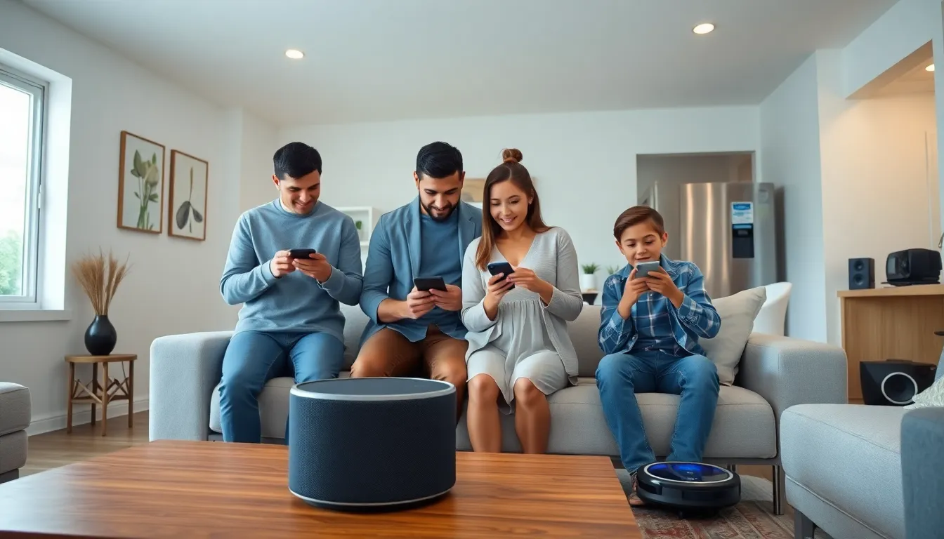 family interacting with smart home devices in a modern living room.
