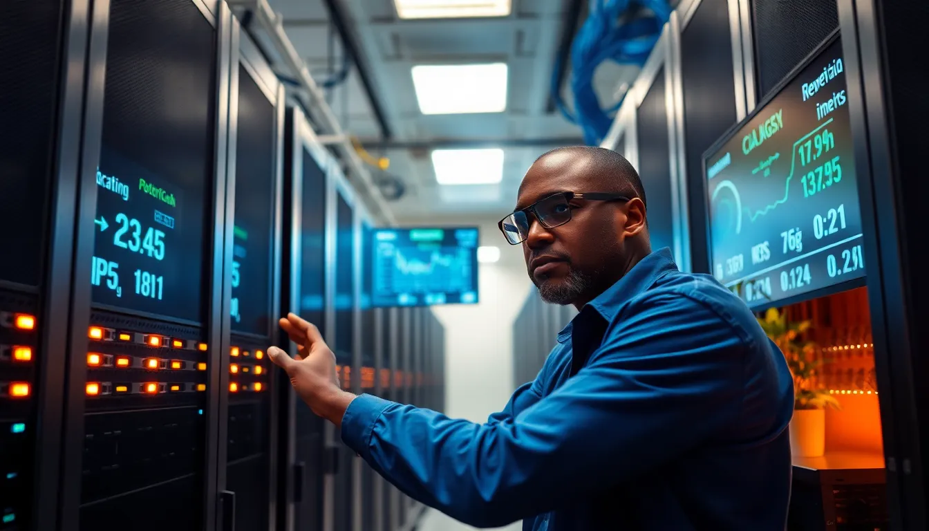 A technician adjusting servers in a data center focused on power retention.